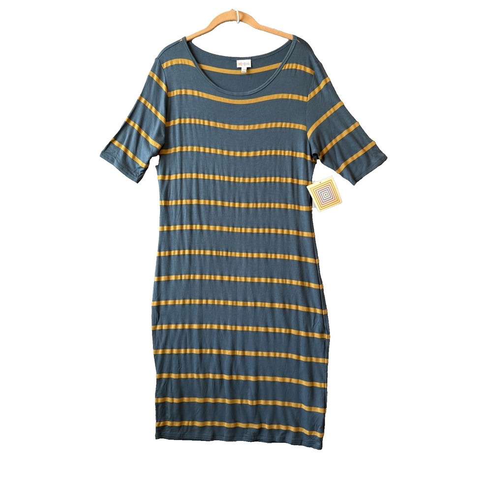 NWT Luluroe Julia Dress L Blue Mustard Yellow Striped Bodycon Stretch Resort